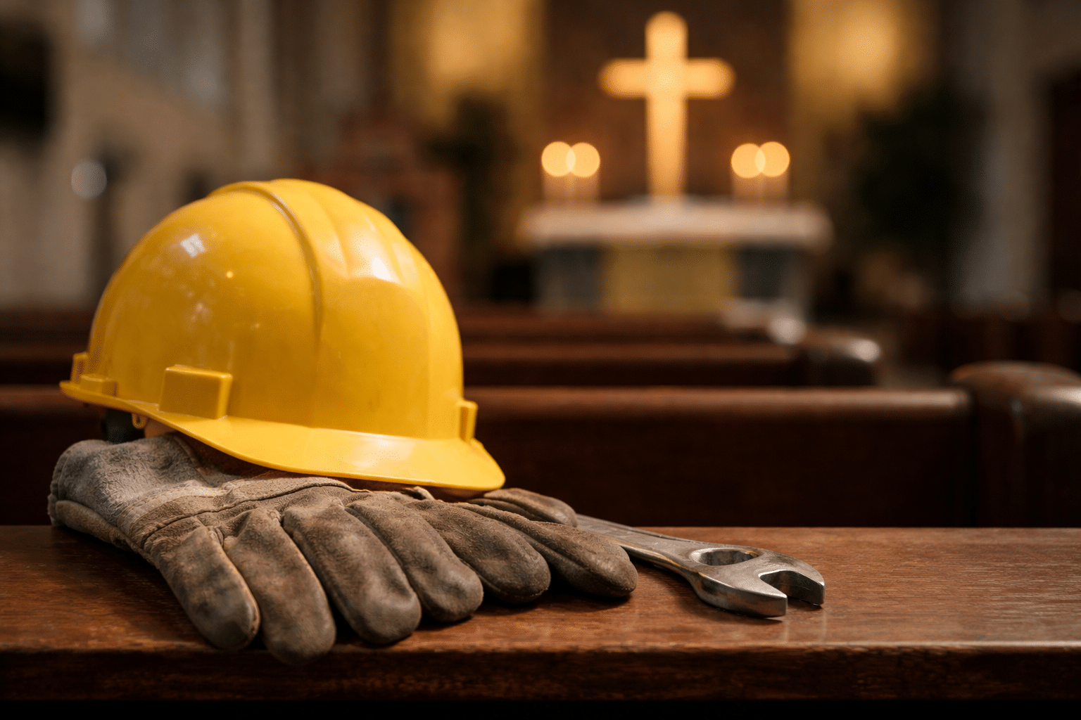 RehmBeitrag2026 01 KWA KI Schutzhelm, Arbeitshandschuhe und Schraubenschlüssel auf einer Kirchenbank, Kreuz im Hintergrund.